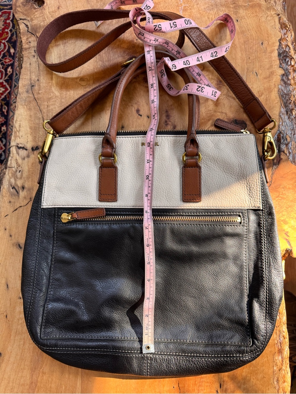 Fossil Two-Tone Leather Shoulder Crossbody Bag in Black, White & Brown